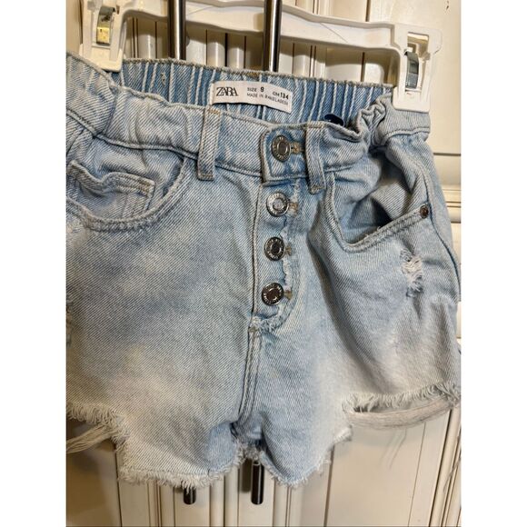 ZARA Girls Elastic Waist Button Fly Distressed Denim Jean Shorts Light Blue Sz 9 - Picture 5 of 7